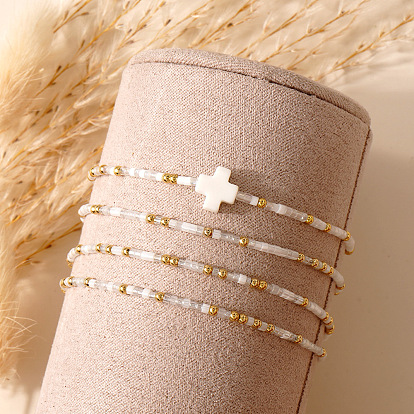 4шт. винтажные цилиндрические браслеты из бисера и латунных бусин, с пластиковым крестом, золотые