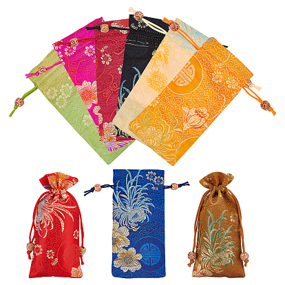 9Pcs 9 Colors Polyester Pouches, Drawstring Bag, with Wood Beads, Rectangle with Floral Pattern