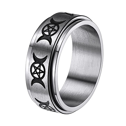 Triple Moon Goddess Stainless Steel Rotating Finger Ring, Fidget Spinner Ring for Calming Worry Meditation