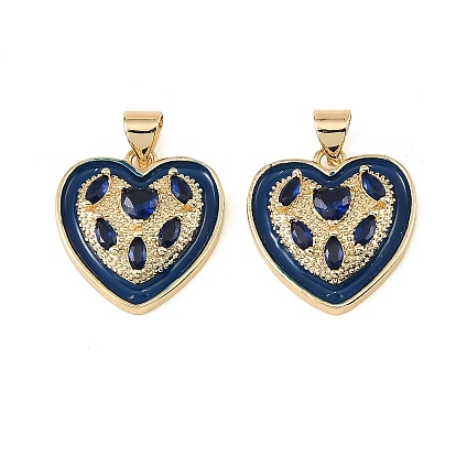 Brass Micro Pave Blue Cubic Zirconia Pendants, with Blue Enamel, Heart Charms