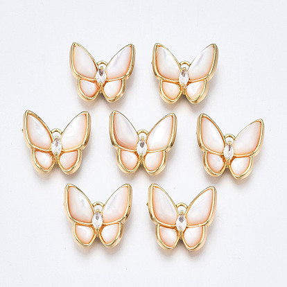 Brass Micro Pave Clear Cubic Zirconia Pendants, with White Sea Shell, Nickel Free, Butterfly
