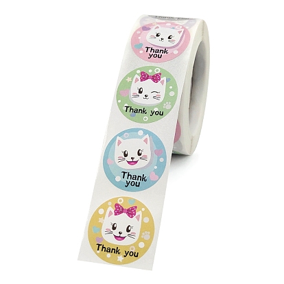 6 Styles Paper Round Shape Thank You Stickers, Adhesive Roll Sticker Labels, for Envelopes, for Embosser Stamp Sealing Certificate Stickers