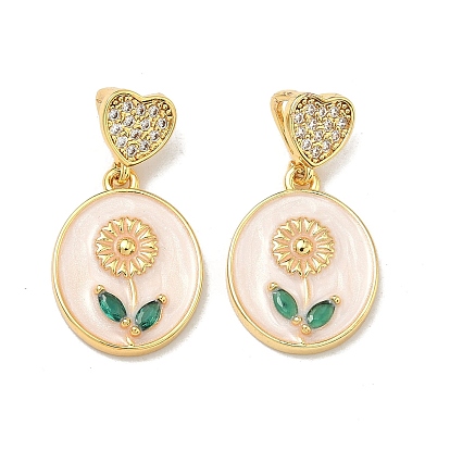 Латунные микропаве прозрачные подвески с фианитом, с эмалью, овал с цветочными подвесками