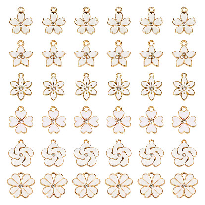 48 шт 6 стили подвески из сплава эмали, со стразами, золотой свет, цветок