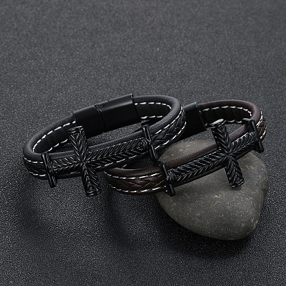 Hip-Hop Style Cross Link Bracelet with Alloy Magnetic Buckle, Retro Woven Leather Bracelet