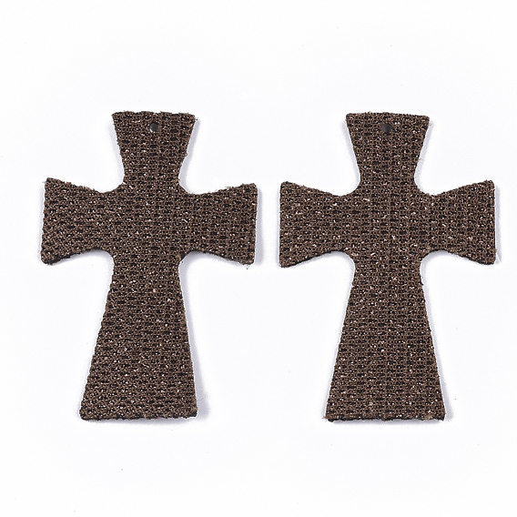 PU Leather Big Pendants, with Glitter Powder/Silver Glitter, Cross