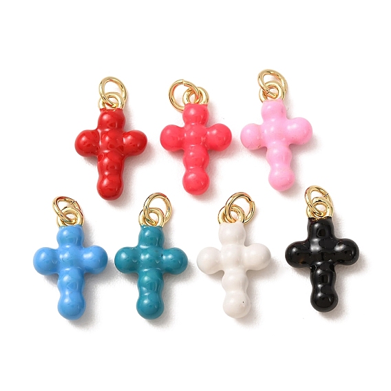 Brass Pendants, with Enamel, Cross Charms, Rack Plating, Long-Lasting Plated, Lead Free & Cadmium Free, Real 18K Gold Plated