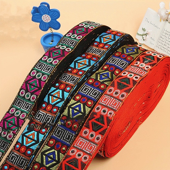 Cinta jacquard de rombos de poliéster de estilo étnico, accesorios de la ropa