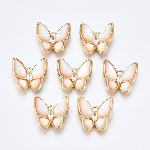 Brass Micro Pave Clear Cubic Zirconia Pendants, with White Sea Shell, Nickel Free, Butterfly