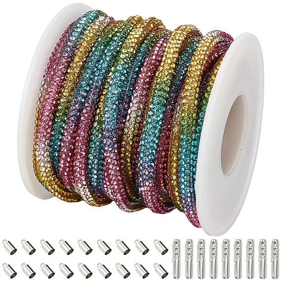 7.1 mètres de cordon rond en caoutchouc synthétique orné de strass en verre, avec des bobines de fil en plastique, extrémités du verrou du cordon de fer, embouts de cordon de laiton  