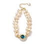 Natural Pearl Beaded Double Layer Multi-strand Bracelet, with Cubic Zirconia Flat Round Links