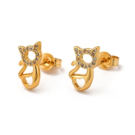 Rack Plating Brass Micro Pave Cubic Zirconia Stud Earrings, Long-Lasting Plated Cat Earring for Women, Cadmium Free & Lead Free