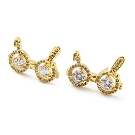 Brass Micro Pave Cubic Zirconia Stud Earrings, Rabbit Earrings with Glass