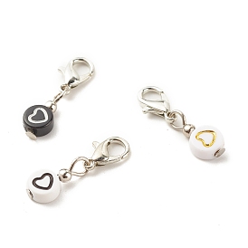 Craft Style Acrylic Pendants Decoration, with Zinc Alloy Lobster Claw Clasps and Iron Spacer Beads, Flat Round with Heart