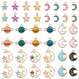 100Pcs 5 Style Light Gold Alloy Enamel Pendants,  Universe Space Charms, Moon & Star & Planet