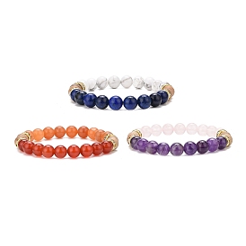 3Pcs 3 Style Natural Mixed Gemstone & Wood Round Beaded Stretch Bracelets Set for Woman