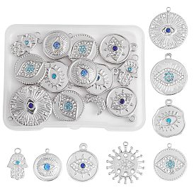 16 piezas 8 tema del ojo del estilo 304 colgantes de diamantes de imitación de acero inoxidable, mano de hamsa/mano de miriam y redonda plana