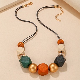 Achteckige, runde, abgestufte Perlenketten aus Holz für Damen, mit Kunstlederband, golden