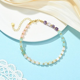 Natural Green Strawberry Quartz & Pink Opal & Southern Jade & Flower Amazonite & Amethyst & Howlite & Brass Beaded Anklets, Cube, Golden