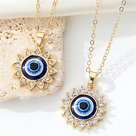 Vintage Sunflower Evil Eye Pendant Necklace with Rhinestones, Turkish Eye Metal Chain