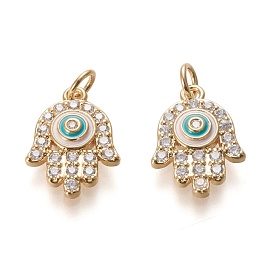 Brass Micro Pave Clear Cubic Zirconia Pendants, with Enamel and Jump Rings, Long-Lasting Plated, Hamsa Hand