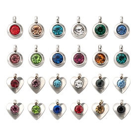 25Pcs 12 Colors 304 Stainless Steel Rhinestone Charm, Birthstone Charms, Faceted, Stainless Steel Color, Flat Round & Heart