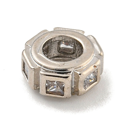 Rack Plating Brass Micro Pave Clear Cubic Zirconia Beads, Long-Lasting Plated, Lead Free & Cadmium Free, Flat Round