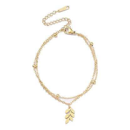304 Stainless Steel Cable & Satellite Chains Double Layer Multi-strand Bracelet, with Leaf Charms