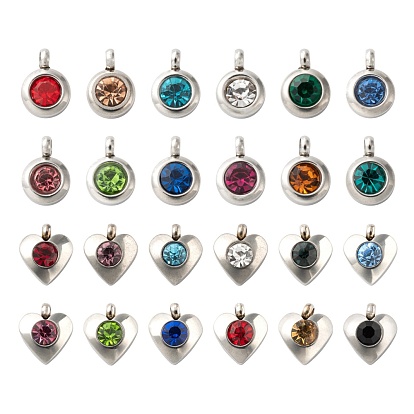 25Pcs 12 Colors 304 Stainless Steel Rhinestone Charm, Birthstone Charms, Faceted, Stainless Steel Color, Flat Round & Heart