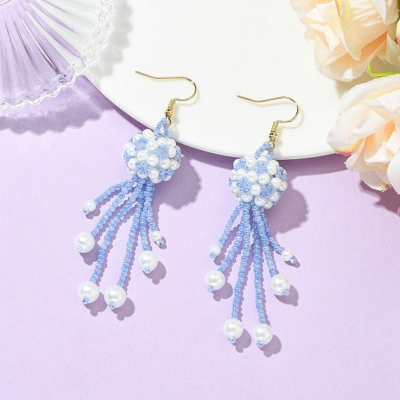 Glass Seed with Glass Pearl Tassel Dangle Earrings, Jellyfish, with 304 Stainless Steel Earring Hooks, Golden