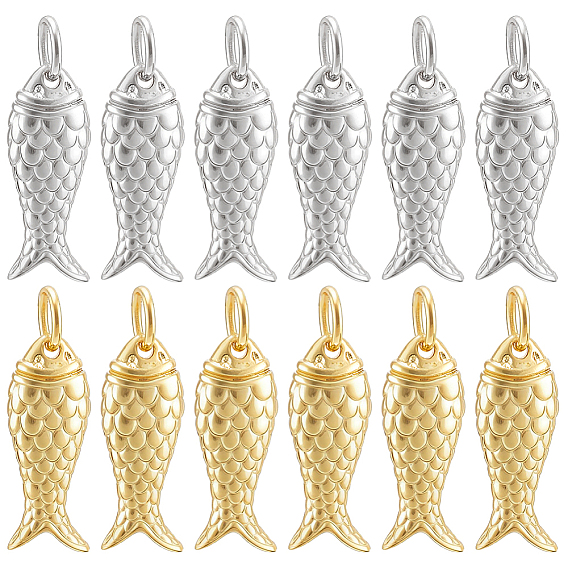 12 pcs 2 couleurs rack placage pendentifs en laiton, charmes de poissons, plaqué longue durée, sans cadmium et sans plomb, avec des anneaux de saut