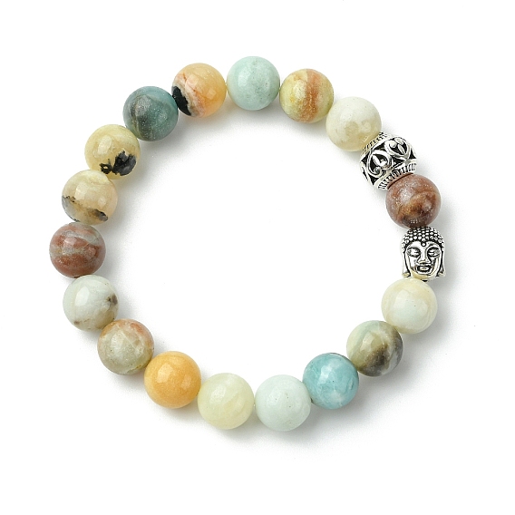 Природные драгоценный камень бисером растянуть браслеты, со сплавочной фурнитурой, круглая и голова Будды, Упаковка мешковины, античное серебро