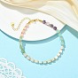 Natural Green Strawberry Quartz & Pink Opal & Southern Jade & Flower Amazonite & Amethyst & Howlite & Brass Beaded Anklets, Cube, Golden