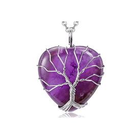 Natural Gemstone Tree of Life Copper Wire Pendant Necklace with Heart-shaped Water Droplet and Wrapped Stone.