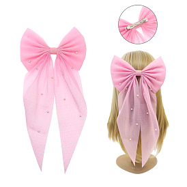 300pcs grandes barrettes à cheveux en polyester avec nœud papillon, avec clips en fer et perle d'imitation en plastique, pour femmes filles