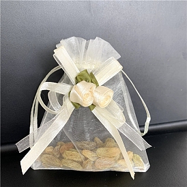 10pcs sacs cadeaux en organza avec cordon de serrage et rose, pochettes à bijoux, fête de mariage sacs-cadeaux de faveur de noël, rectangle