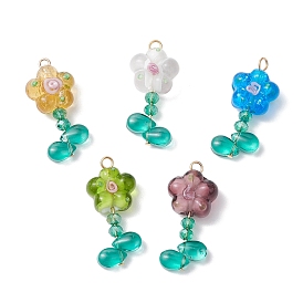 Flower Glass Pendants, with Golden Tone Brass Loops