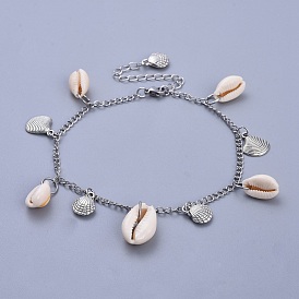 316 Surgical Stainless Steel Curb Chains Anklets, with Cowrie Shell and Tibetan Style Alloy Charms