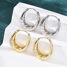 Овальные серьги-кольца из латуни с микропаве из прозрачных кубических цирконий, без кадмия и без свинца, долговечный, стойки покрытие