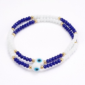 Verre à facettes perles bracelets extensibles, avec perles au chalumeau mauvais œil et 304 perles en acier inoxydable, or