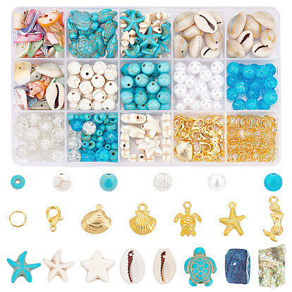 Kit de fabrication de bijoux océaniques à faire soi-même, y compris étoile de mer et tortue turquoise synthétique et perle acrylique, coquillage naturel & alliage & 304 pendentif en acier inoxydable, anneau de saut de fer, alliage fermoir