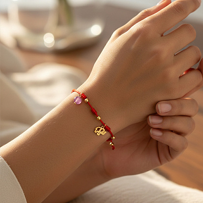 Регулируемые браслеты с аметистовыми бусинами и подвеской в виде слона из нержавеющей стали, с двойным плетеным шнуром и круглой латунной бусиной