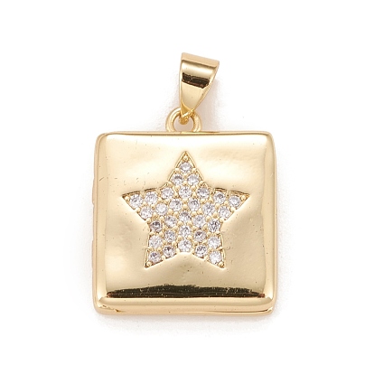Brass Micro Pave Cubic Zirconia Locket Pendants, Photo Frame Charms for Necklaces, Real 18K Gold Plated, Lead Free & Cadmium Free, Square with Star