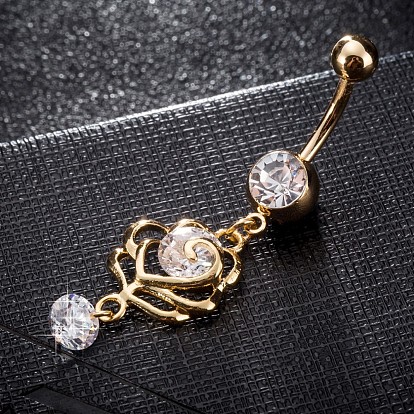 Brass Cubic Zirconia Navel Ring, Belly Rings, with 304 Stainless Steel Bar, Cadmium Free & Lead Free, Flower