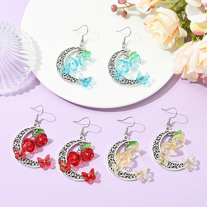 Подвески из стекла и акрила, луна с цветком, с подвеской из сплава и 304 крючком из нержавеющей стали, старинное серебро и цвет нержавеющей стали
