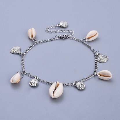 316 Surgical Stainless Steel Curb Chains Anklets, with Cowrie Shell and Tibetan Style Alloy Charms