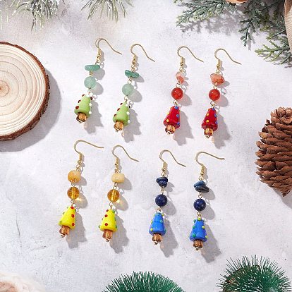 4 пары латунных серег-грибов, с натуральными драгоценными камнями и подвесками ручной работы в технике лэмпворк, золотые