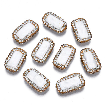 Polymer Clay Rhinestone Beads, with Natural Freshwater Pearl, Rectangle, Chocolate