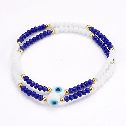 Verre à facettes perles bracelets extensibles, avec perles au chalumeau mauvais œil et 304 perles en acier inoxydable, or