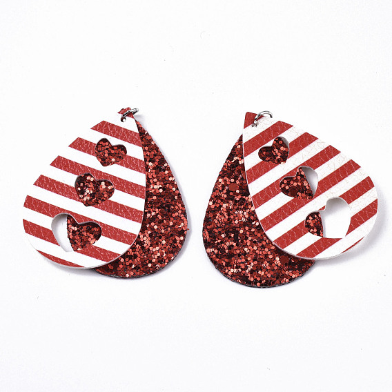 PU Leather Big Pendants, with Sequins/ Paillettes and Platinum Tone Iron Jump Rings, Teardrop with Heart